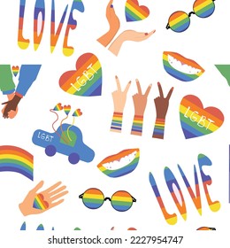 Vector abstract seamless pattern. Hand written pride, love, peace lettering with rainbow. Gay parade. LGBT rights symbol. Isolated. Background, pattern,fabric, textile.