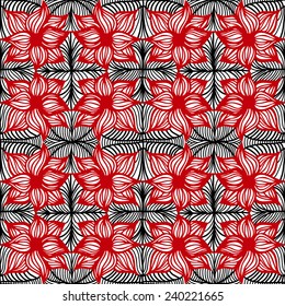 Vector abstract seamless pattern with hand drawn twisted lines. Floral background. Red, black and white. 