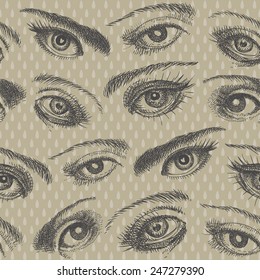 Vector abstract seamless pattern of hand drawn human  eyes on beige background with teardrops or water drops