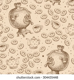 Vector abstract seamless pattern from hand drawn Russian big water heater samovar silhouette with caps of tea, teapot and bagels. Brown hatched monochrome sketch on a dotted beige background 