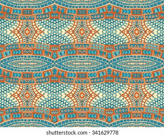 Vector abstract seamless pattern from hand drawn indigo blue, turquoise, pink beige and terracotta brown geometrical native ornaments, stripes and ethnic fantasy stylized motive. Textile folk painting