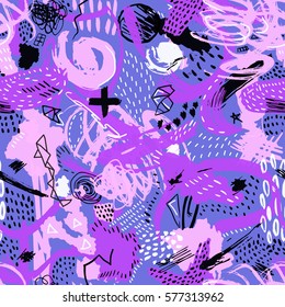 Vector abstract seamless pattern with hand draw brush strokes. Purple and pink colors. Modern design in memphis style.