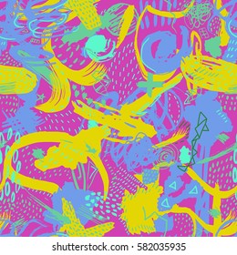 Vector abstract seamless pattern with hand draw brush strokes. Purple, yellow and blue colors. Modern design in memphis style.