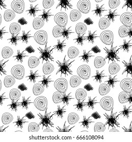 Vector abstract seamless pattern. Hand drawn elements.  Strokes, blots, lines, spirals.