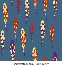Vector abstract seamless pattern,  hand-drawn pattern, fish and deep blue sea