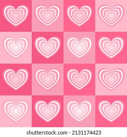 Vector - Abstract seamless pattern of hearts on checkered pink background. Valentine, wedding concept. Can be use for print, paper, wrapping, fabric, backdrop, card.