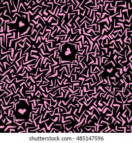 Vector abstract seamless pattern with hearts and chaotically arranged lines like a maze