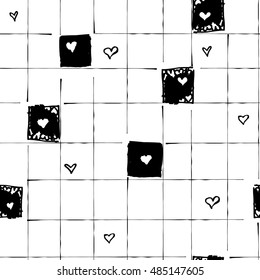 Vector abstract seamless pattern with hearts and black-and-white cage