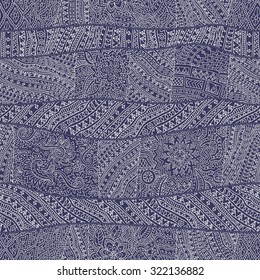 Vector abstract seamless pattern from indigo blue and light beige hand drawn outline geometrical ornaments, wavy stripes and fantasy leaves with flower.Textile wavy patchwork print.Coloring book page