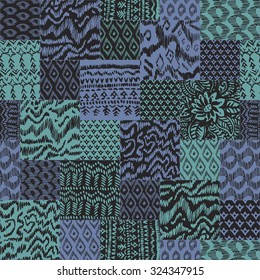 Vector abstract seamless pattern from indigo blue, green and black hand drawn Ikat and geometrical ornaments, wavy stripes and fantasy leaves with flower. Textile patchwork vintage print 