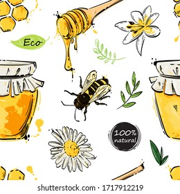 Vector abstract seamless pattern with a jar of honey, honeycombs, a bee, a camomile.