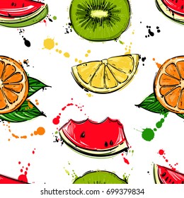 Vector abstract seamless pattern with kiwi, watermelon, orange, lemon. Background for the design of wallpaper, fabric and other.
