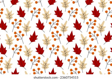 Vector abstract seamless pattern with leaves and twigs in trendy bright autumnal shades. Isolate