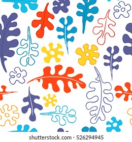 Vector abstract seamless pattern with leaves. Curly shapes leaves and flowers in different bright colors, hand drawn illustration