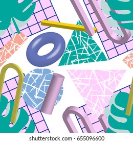 Vector abstract seamless pattern with leaves of monstera and 3d geometric shapes in modern style. Bright colors. Background for brochure, print, design, card, web, 