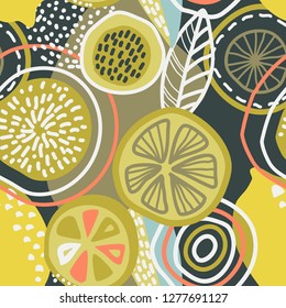 Vector abstract seamless pattern with lemons, circles, dots. Stylized citrus fruit repeated background. Colorful endless print for fabric or paper.