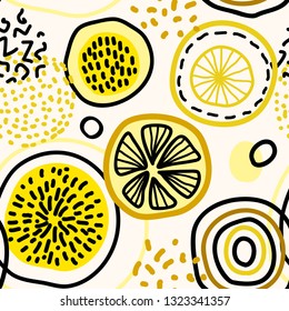 Vector abstract seamless pattern with lemons, circles, dots. Stylized citrus fruit repeated background. Colorful endless print for fabric or paper.