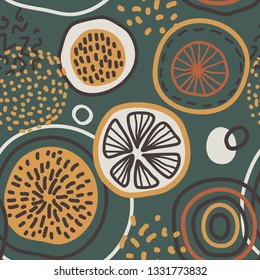 Vector abstract seamless pattern with lemons, circles, dots. Stylized citrus fruit repeated background. Colorful endless print for fabric or paper.
