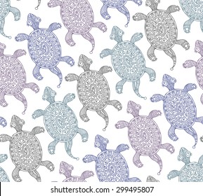 Vector abstract seamless pattern from light green, blue, brown and grey little turtle silhouette with decorative  ethnic ornaments  on a white background. 