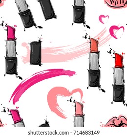 Vector abstract seamless pattern with lipstick. Fashionable illustration.