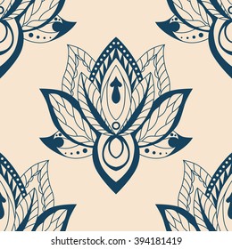Vector abstract seamless pattern with lotus flowers. Abstract vector background with flowers. Lotus mandala. Vector Indian hand drawn lotus.