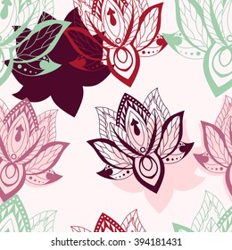 Vector abstract seamless pattern with lotus flowers. Abstract vector background with flowers. Lotus mandala. Vector Indian hand drawn lotus.