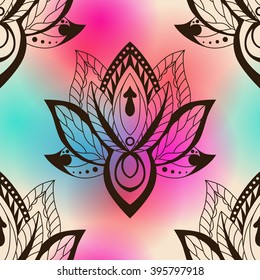 Vector abstract seamless pattern with lotus flowers. Abstract vector background with flowers. Lotus mandala. Vector Indian hand drawn lotus.