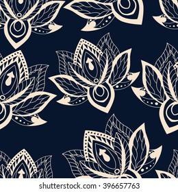 Vector abstract seamless pattern with lotus flowers. Abstract vector background with flowers. Lotus mandala. Vector Indian hand drawn lotus.