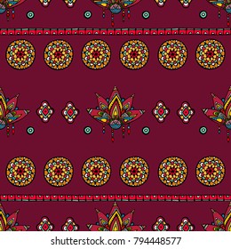 Vector abstract seamless pattern with lotus flowers. Abstract vector background with flowers. Lotus mandala. Vector Indian hand drawn lotus.