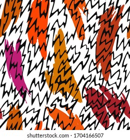 Vector abstract seamless pattern made of brush strokes shapes mixed with zig zag thin lines texture. Smears with uneven edges. Simple figures in flat design. For fashion, textile, fabric and wrapping.