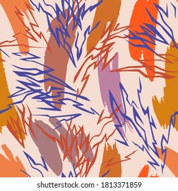 Vector abstract seamless pattern made of brush strokes shapes mixed with zig zag thin lines texture. Smears with uneven edges. Simple figures in flat design. Broken lines background