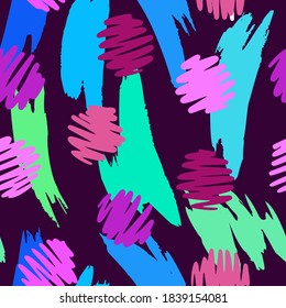 Vector abstract seamless pattern made of brush strokes shapes mixed with polka dot texture. Smears with uneven edges. Simple figures in flat design. For fashion, textile, fabric and wrapping.