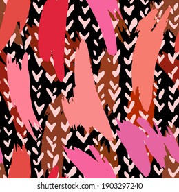 Vector abstract seamless pattern made of brush strokes shapes mixed with chevron lines texture. Smears with uneven edges. Simple figures in flat design. For fashion, textile, fabric and wrapping.