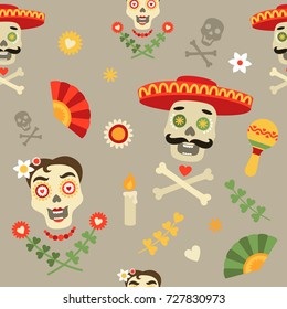 Vector abstract seamless pattern. Male and female colorful Mexican sugar skulls. Day of dead & Dia de los muertos symbols