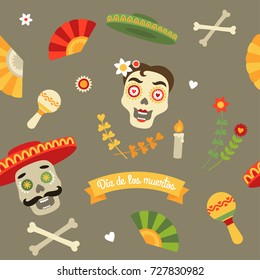 Vector abstract seamless pattern. Male and female colorful Mexican sugar skulls. Day of dead & Dia de los muertos symbols