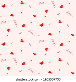 Vector - Abstract seamless pattern of many mini hearts, polka dot and wording "Love" on pink background. Can be use for print, paper, fabric, wrapping, origami.