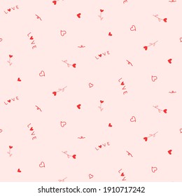 Vector - Abstract seamless pattern of many min hearts, flower and word ”Love” on pink background. Can be use for print, paper, wrapping, origami, fabric. Valentine concept.