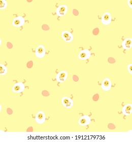 Vector - Abstract seamless pattern of many character boiled eggs and shell on yellow background. Cute image. Cartoon. Food.