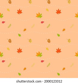 Vector - Abstract seamless pattern of many different leaves (maple) and white dash curve line on orange background. Autumn, fall season. Can be use for print, paper, fabric, wrapping, backdrop.