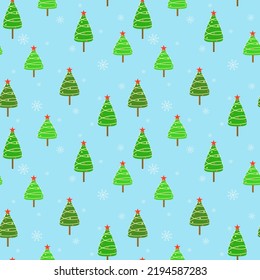 Vector - Abstract seamless pattern of many X'mas tree and snowflakes on blue sky background. Holiday season. Can be use for print, paper, wrapping, fabric, origami.