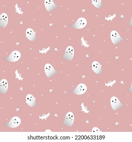 Vector - Abstract seamless pattern of many cute white ghost flying with bat and hearts on pink background. Holiday, Halloween season concept. Can be use for card, print, fabric, paper, wrapping. 