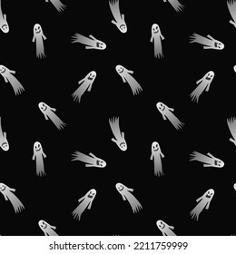Vector - Abstract seamless pattern of many white ghost flying on black background. Happy Halloween, Holiday. Can be use for print, paper, wrapping, fabric, card.