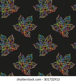 Vector abstract seamless pattern with maple leaves of rainbow lines on a black background. Eps 10.