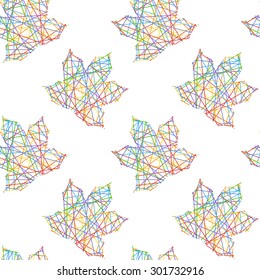 Vector abstract seamless pattern with maple leaves of rainbow lines on a white background. Eps 10.