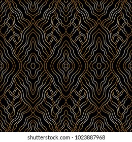 Vector abstract seamless pattern from metallic gold hand drawn curly stripes and rhombus and shevron on a black background. Ikat geometry print, textile design, wallpaper, wrapping, carpet embroidery