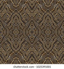 Vector abstract seamless pattern from metallic gold hand drawn curly stripes and rhombus on a black background. Ikat golden print, geometrical textile design, wallpaper, wrapping, carpet embroidery