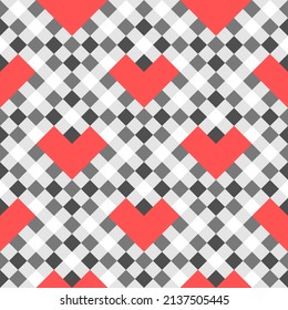 Vector - Resumen de un diseño moderno sin fisuras con corazón. Imagen de píxeles. Color negro, gris, blanco y rojo. Se puede usar para tarjeta, impresión, papel, tela, fondo.