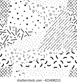 Vector abstract seamless pattern. Monochrome geometric swatches. Retro memphis style, fashion 80-90s. You can use each swatch separately. Black and white texture.
