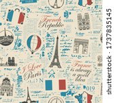 Vector abstract seamless pattern on the theme of France and Paris with French symbols, architectural landmarks and a map in colors of French flag on the background of newspaper page in retro style