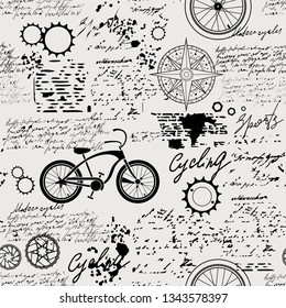 Vector abstract seamless pattern on the theme of bicycles, adventure and travel. Old manuscript with spare parts, wind rose and other symbols with blots and stains in vintage style.